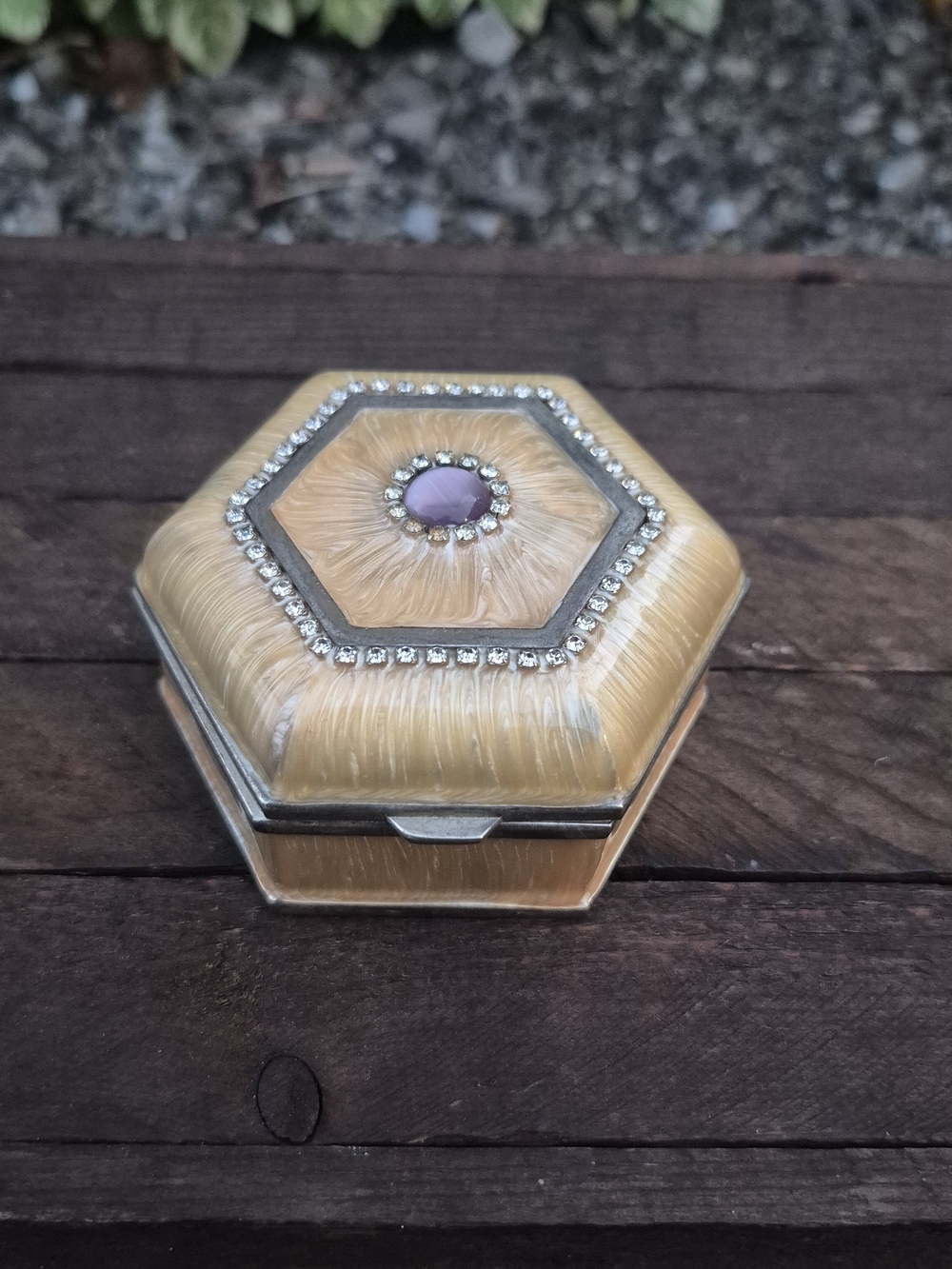 Vintage Elegance Silver Plated Hexagon Trinket Box Cream Enamel Rhinestone 3.25"
